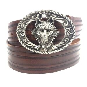 Browning Mens Belt Genuine Full Grain Leather sz 38‎ With Wolf Head Buckle